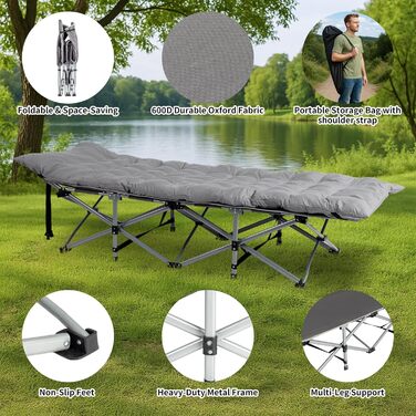 Ліжко складане кемпінгове LEADZM з матрацом, сталевий каркас 190x71x36 см, сіре - для дому, природи, подорожей