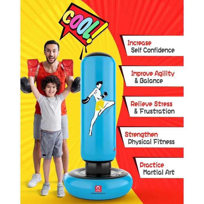 Дитячий боксерський мішок QPAU з рукавичками, надувний, 168 см, для хлопчиків та дівчаток 6-12 років, блакитний