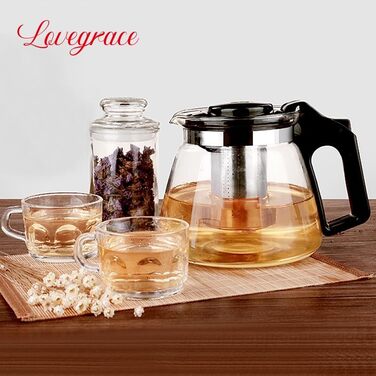 Чайник Lovegrace зі скла з ситечком – термостійкий, придатний для миття в посудомийній машині, з фільтром з нержавіючої сталі, 1500 мл