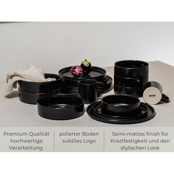 Igünja 12-Piece Dinnerware Set - Reactive Glaze Stoneware Bowls & Plates (Black, Mug Set) - Premium Handcrafted Tableware for 4