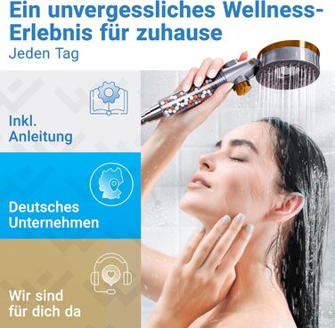 LOBENSWERK Shower Head with Filter [3 Modes - incl. Booster] Water-Saving Shower Head with Mineral Pearls | Handheld Shower, Shower Head for the Shower incl. Replacement Parts