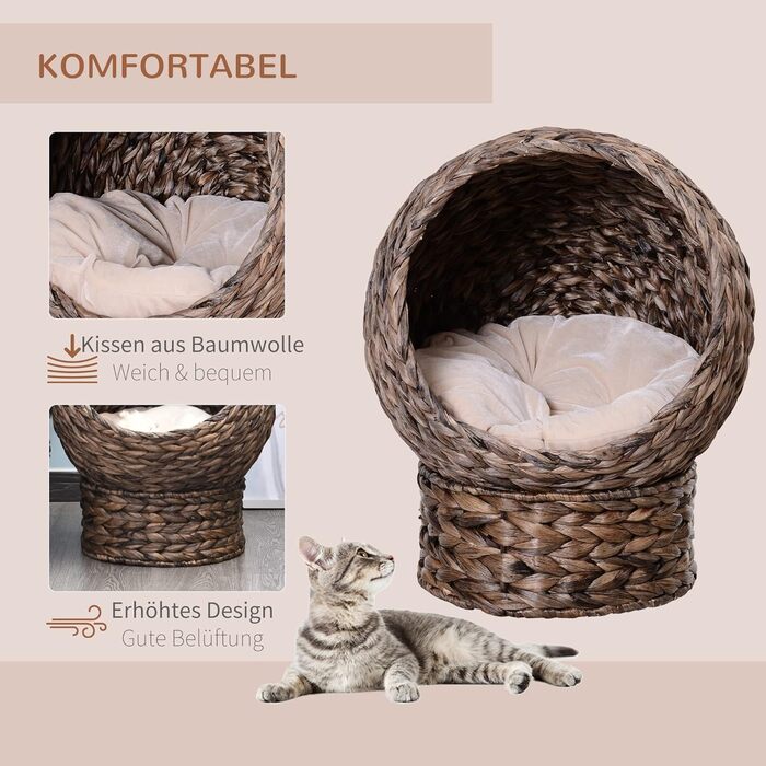 PawHut Rattan Cat Basket Cat Cave Cat House Cat Bed with Cushion Pet Bed Water Hyacinth 42 x 33 x 52 cm (50L x 42W x 60H cm, Coffee)