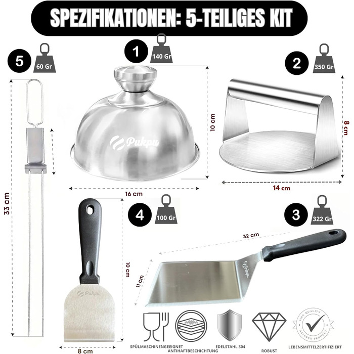 Набір для приготування Smash Burger – 6 предметів: прес для бургерів, розчавлювач, 2 кришки для плавлення сиру, лопатка для гриля та шампури – подарунок для чоловіків та любителів гриля (Чорний, 6 предметів)