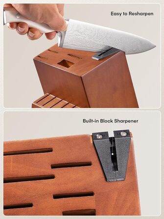 D.Perlla 14-Piece Self-Sharpening Knife Block Set - Professional Stainless Steel Kitchen Knife Set with Plastic Handle & Wooden Block (Brown)