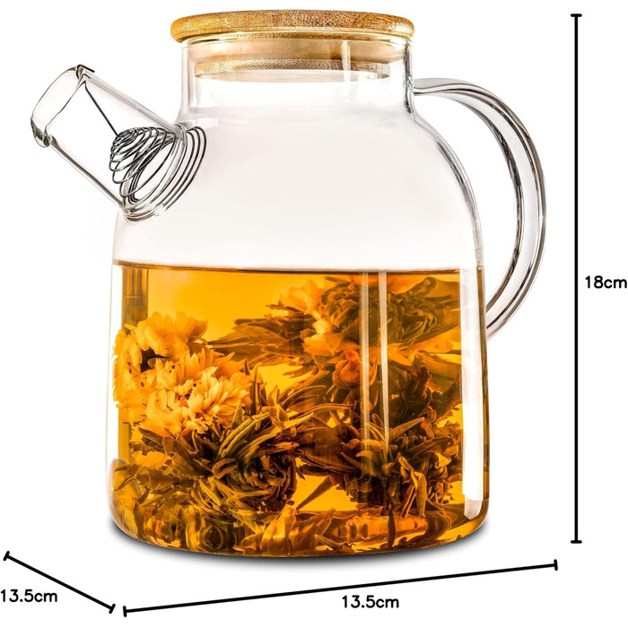 Чайник зі скла 1,5 літра з дерев'яним кришкою та фільтром - для гарячих та холодних напоїв - придатний для миття в посудомийній машині - стійкий до холоду та тепла - ідеальний для літа та зими