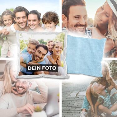 PR Print Royal Photo Cushion Cover - Design Your Own with Your Photo - One-Sided Printing - Personalized Photo Gift for Friends and Family - 40 x 40 cm, Backside Light Blue Patterned | Personalized