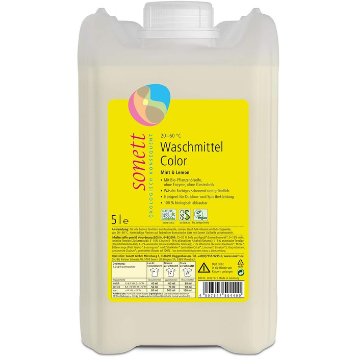 Універсальний рідкий пральний засіб Sonett Color Mint & Lemon для кольорових речей, 5 л