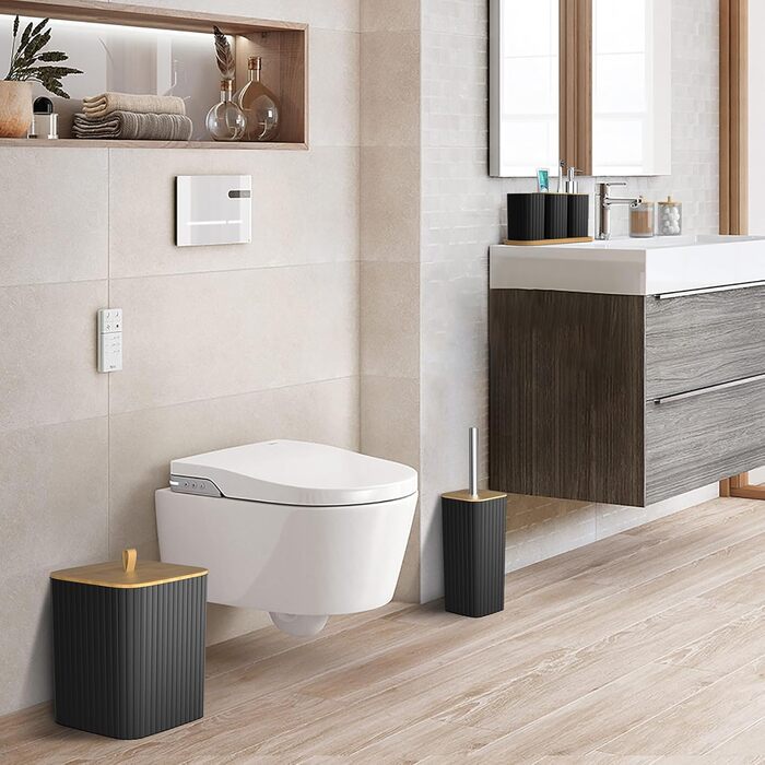 Набір для ванної кімнати Z ZONAMA 24 предмети: штора, килимок, відро, тримач для щітки, дозатор мила. Стильний декор для дому, зелений (комплект, чорний)