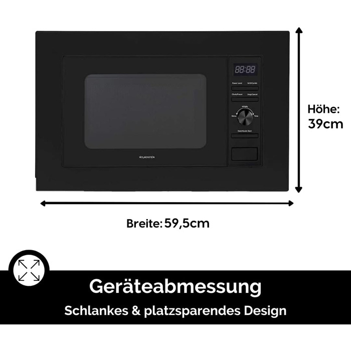 Мікрохвильова піч Wolkenstein WMW800-20GB: 800W, 20л, 6 рівнів потужності, 9 програм, розморожування, LED-дисплей, захист від дітей, чорний
