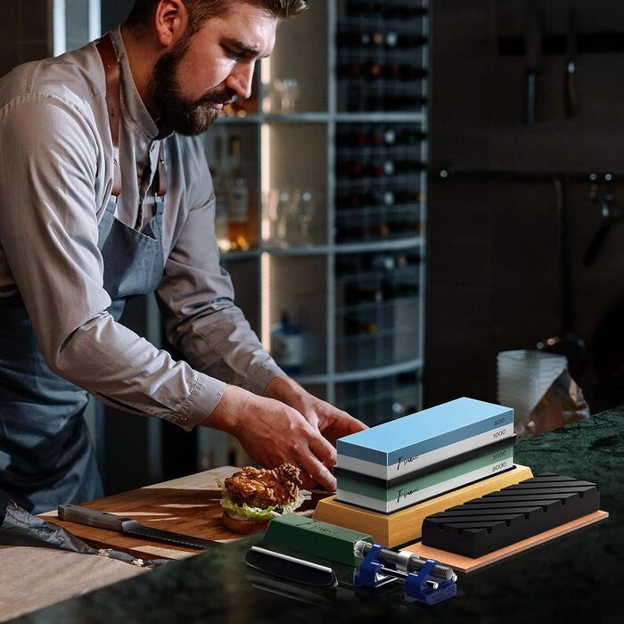 Набір точильних каменів Schleifstein: 400/1000, 3000/8000, з підставкою, зточкою та аксесуарами для ножів