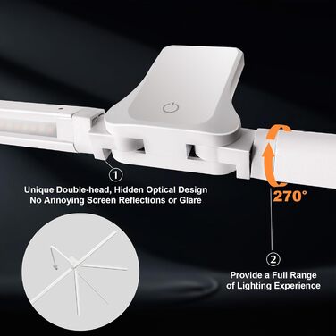 Лампа настільна EYOCEAN з двома головками, 24W, 80 см, денне світло, з пульт керування, регулювання яскравості, захист очей, для офісу та дому (матова біла)
