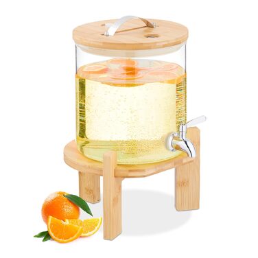 Диспенсер для напоїв Relaxdays, 5 літрів, холодні та гарячі напої, бамбуковий підставник, термометр, посудина для пуншу, прозорий/натуральний