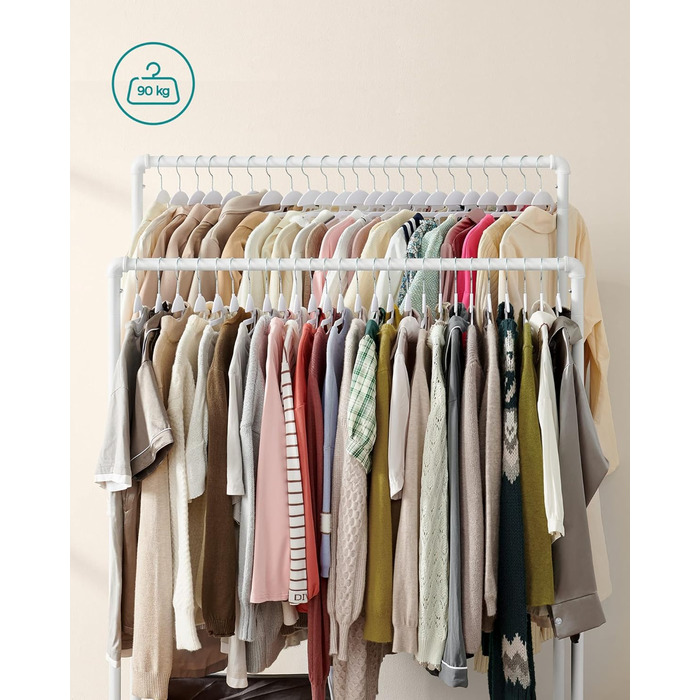 SONGMICS Clothes Rack, Clothes Rod, Coat Rack with 2 Clothes Rods and Shelf, Wheels, Load Capacity up to 110 kg, Industrial Design, for Bedroom, Dressing Room, White HSR060W01