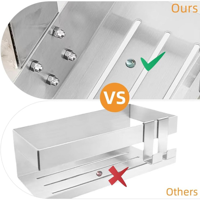 Полка для душу Melko з нержавіючої сталі без свердління, дзеркальний захист, кріплення для шампуню з гачками, підходить для душової кабіни з безрамковою скляною дверцями, антикорозійна, тримач для бритви та рушників