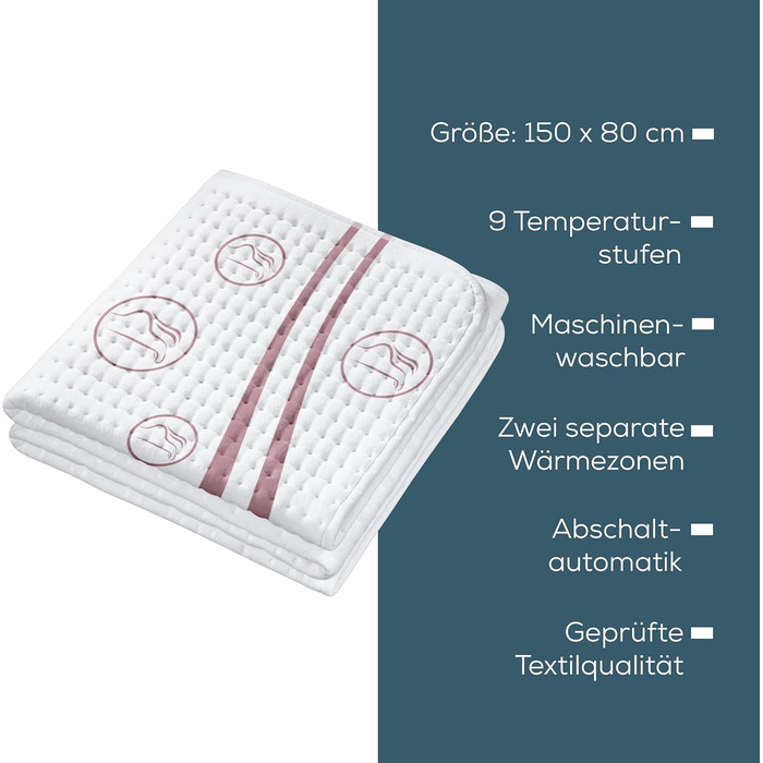 Електричне підігріваюче підстеля Beurer UB 90 Komfort з двома зонами нагріву та 9 рівнями температури, з автовимкненням та Eco-Control, 150 x 80 см, можна прати в пральній машині