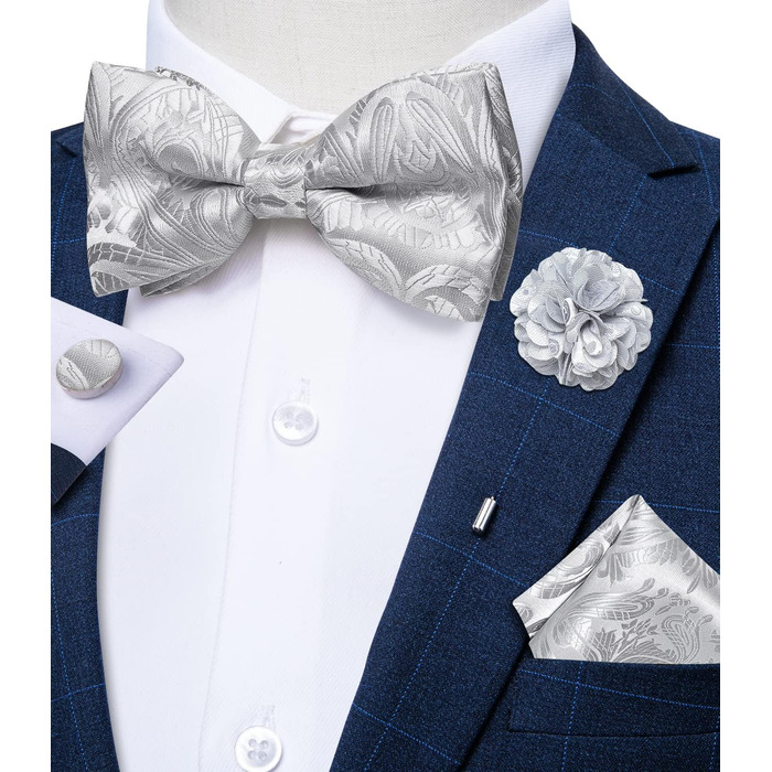 Метелик DiBanGu з шовку Пайслі для чоловіків + нагрудна хустинка, краватка-метелик, комплект для весілля, вечірки, балу (Срібний 194)