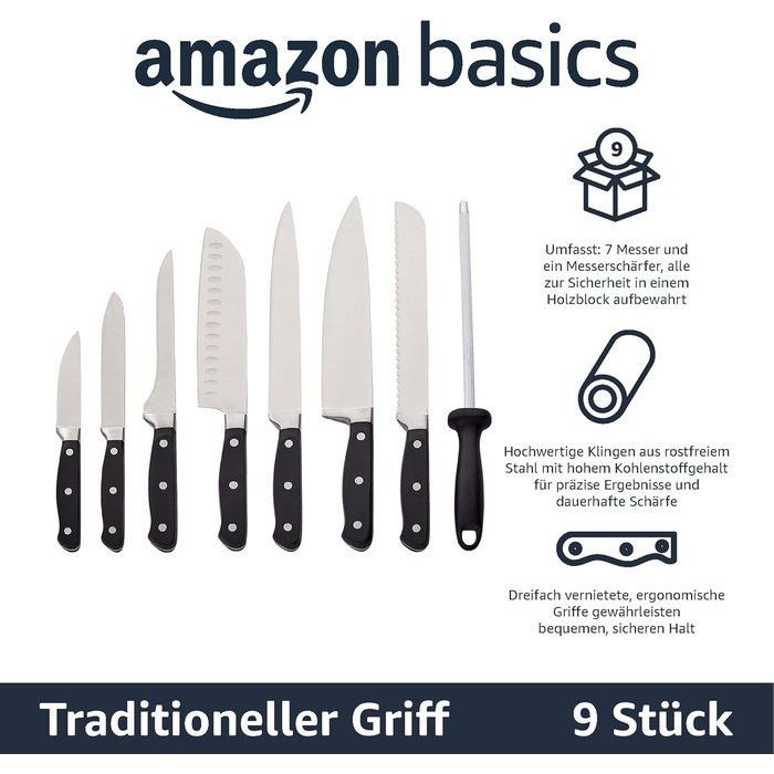 Amazon Basics Premium Knife Block Set - 9 Piece Black Set