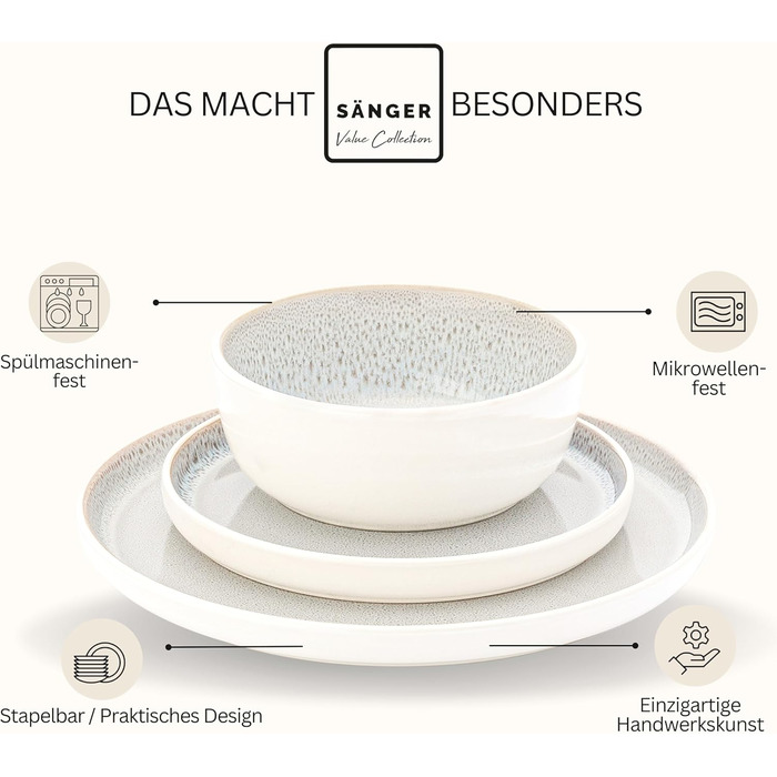 Набір посуду SÄNGER Kreta (18 предметів) | Керамічний посуд для 6 осіб | Набір тарілок, супових тарілок, десертних тарілок | Блакитний посуд з кремовим покриттям, стійким до подряпин | VALUE COLLECTION