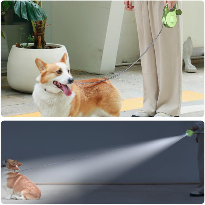 Рулетка для собак з LED-підсвічуванням та тримачем для відходів, 8 м, для собак до 50 кг, без перекручування, з функцією швидкого гальмування