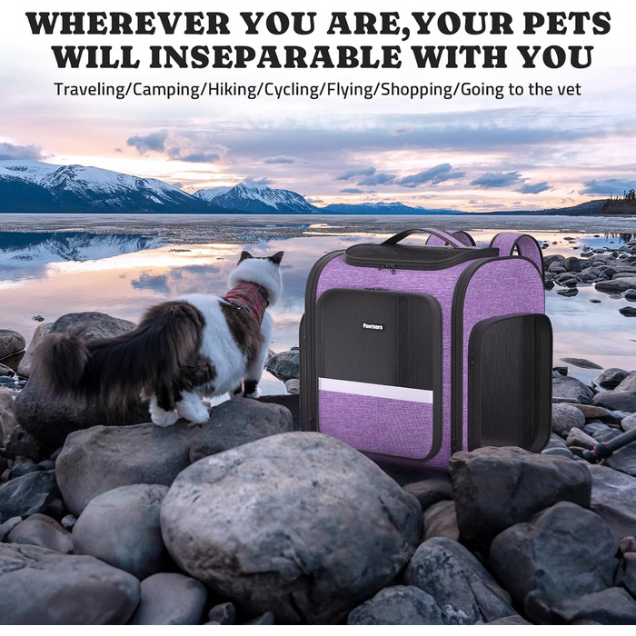 Рюкзак-переноска для котів Pawtners з розширеним тунелем для ігор, дозволений авіакомпаніями, для маленьких собак та великих котів до 11,3 кг, складаний рюкзак для подорожей з котами (Ліловий, 15.7'L x 12.6'W x 15.0'H)