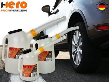 HERO Filling Can, Measuring Can, SET 1L + 3L + 5L Measuring Cups with Flexible Spout and Lid, Water Can, Car Oil Change, Automotive