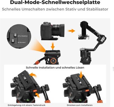 Штатив для камери K&F CONCEPT VA3+BV10: професійний відеоштатив з поворотним кріпленням, 184 см, для DSLR та відеокамер