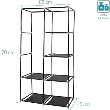 Navaris Fabric Wardrobe with Clothes Rail - Folding Wardrobe 88x170x45cm with Rail - Large, Stable Closet - Foldable Fabric Wardrobe made of Nonwoven Fabric in Light Grey (Anthracite)