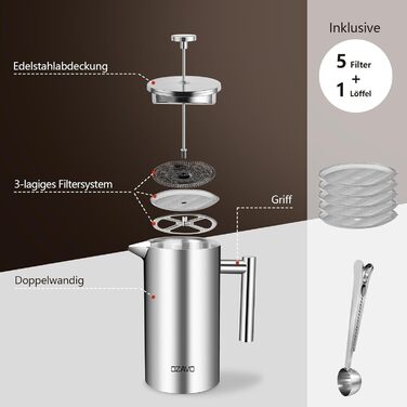 Френч-прес для кави 1л з нержавіючої сталі, термоізольований, з подвійними стінками та 5 фільтрами