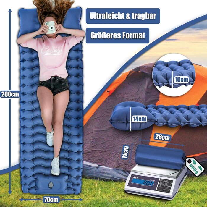 Надувна туристична матрац Holwim Isomatte з самонадуваванням, самостійно надувається, з подушкою та насосом, ультралегка, компактна, для кемпінгу, блакитна