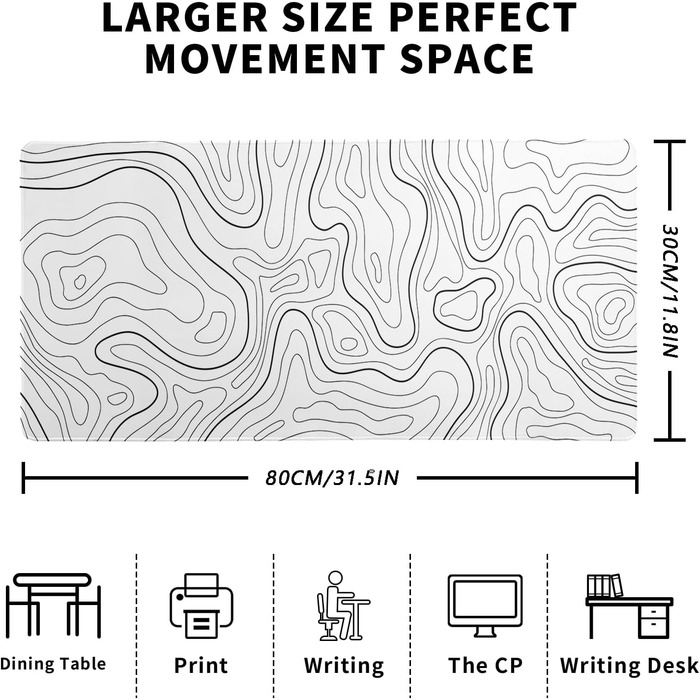 Мат для миші Japanische e Meereswelle, абстрактний дизайн, 80x20 см, хвиля, нековзна гумова основа, великий килимок для миші, для офісу та дому (біла топографічна лінія)
