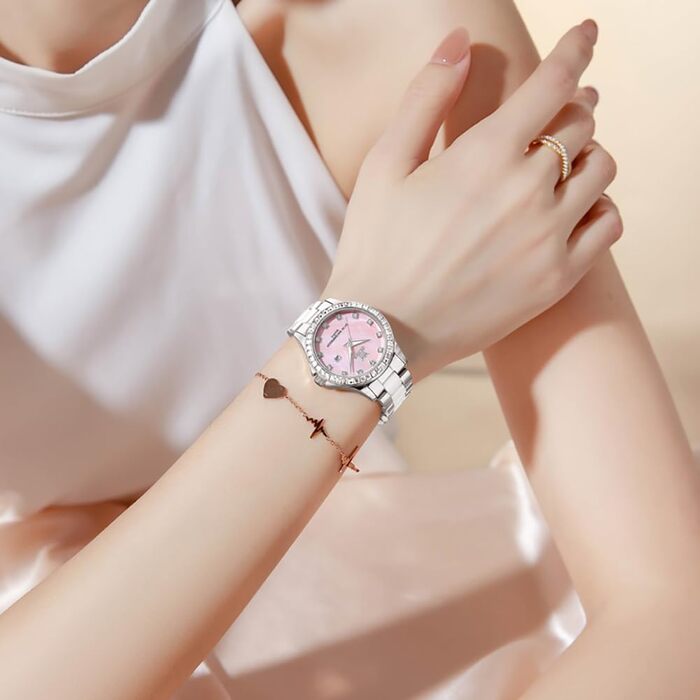 Годинник жіночий OLEVS з діамантами, елегантний, розкішний, на зап'ястя, з рожевого золота, з керамічним склом (3651 Blau Pulver)