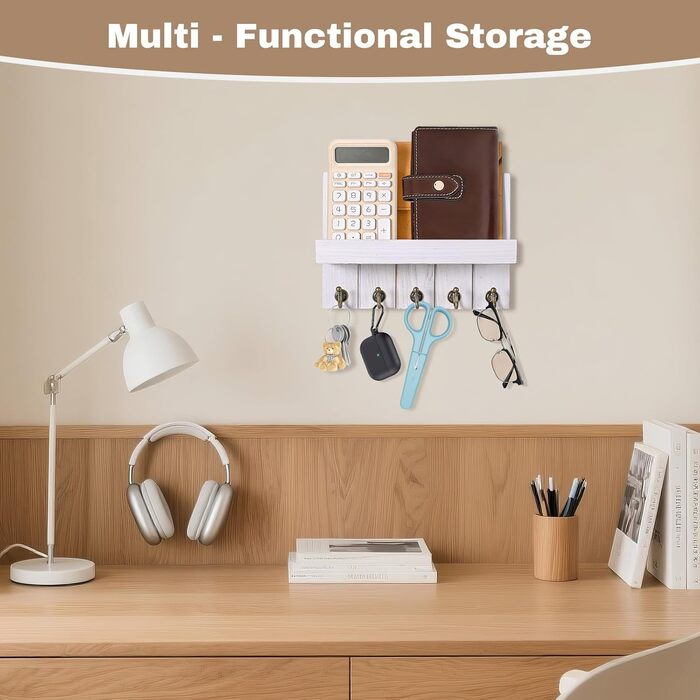 Дерев'яне ключниця з полицею, 5 гачків, для прихожей, вітальні, спальні, світло-білий колір