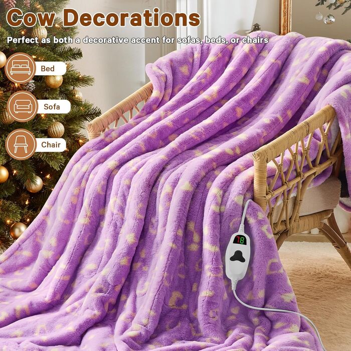 Електрична грілка з принтом корів, подвійний розмір 157x213 см, фіолетовий колір, 10 температурних режимів, таймер автоматичного вимкнення на 8 годин, флісова та шерпа-підкладка, тепла, подарунок для жінок