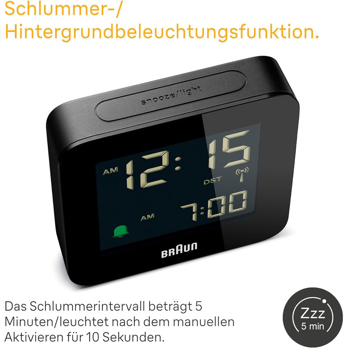 Braun Digital Radio Alarm Clock Central European Time (CET) with Snooze Function, Negative LC Display, Quick Set Function, Crescendo Alarm in Black, Model BC09B-DCF.