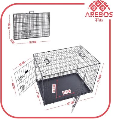 Клітка для собак Arebos | Транспортна переноска для собак, складна | Клітка-переноска для собак з 2 дверцятами | Клітка для собак вдома | Чорний (107 x 71 x 77,5 см)