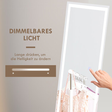 HOMCOM Full-Length Mirror 40x150cm Standing and Wall Mirror with LED Lighting, 3 Light Colors, Touch Switch in White