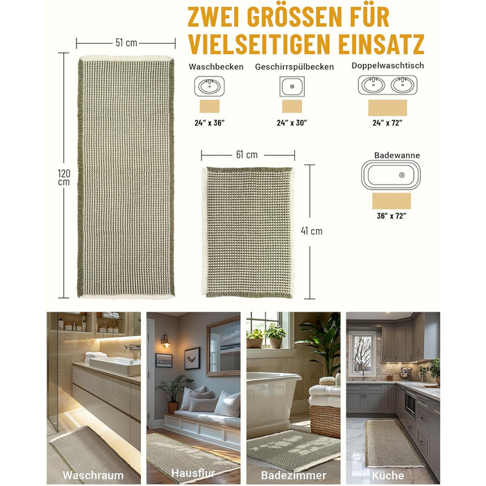 Boho Bathroom Rug Set - Non-Slip Bath Mats 2-Piece Set - Washable Shower Rugs for Bathroom, Bedroom, Living Room - 51x120cm + 41x61cm (Green & White)