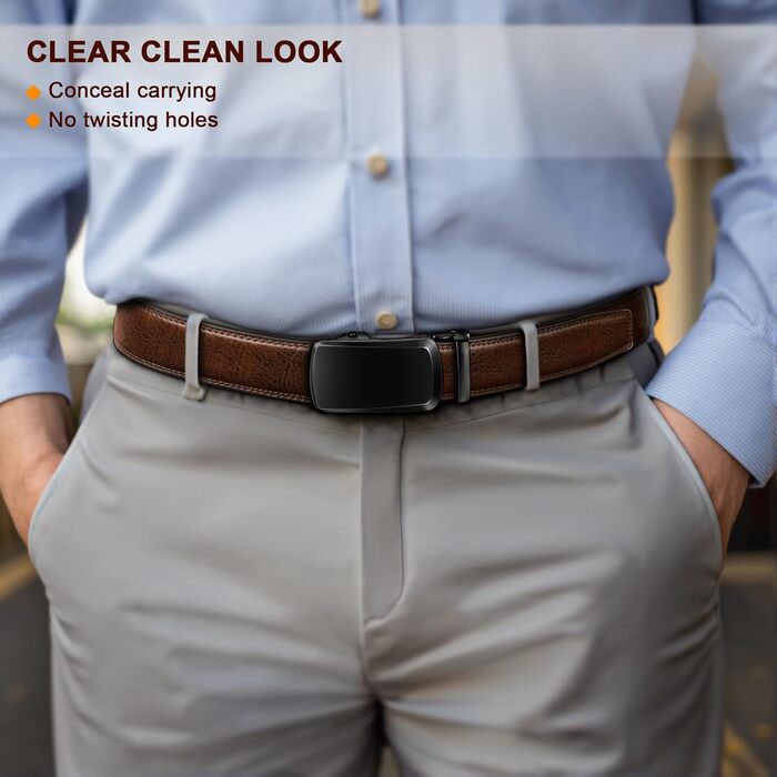 Чоловічий шкіряний ремінь KEMISANT з автоматичною пряжкою, 35 мм, без дірок, регульований розмір 115 см (32'-38'), темно-коричневий