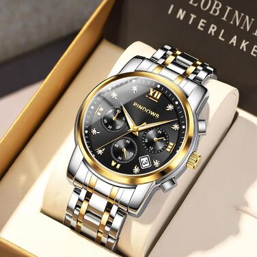 Годинник чоловічий PINDOWS Luxus Quarz з датою, великим циферблатом, водостійкий, модний, бізнес-стиль. Елегантний двоколірний годинник з нержавіючої сталі з підсвічуванням та календарем (De651n2: срібляне браслет, чорний циферблат)