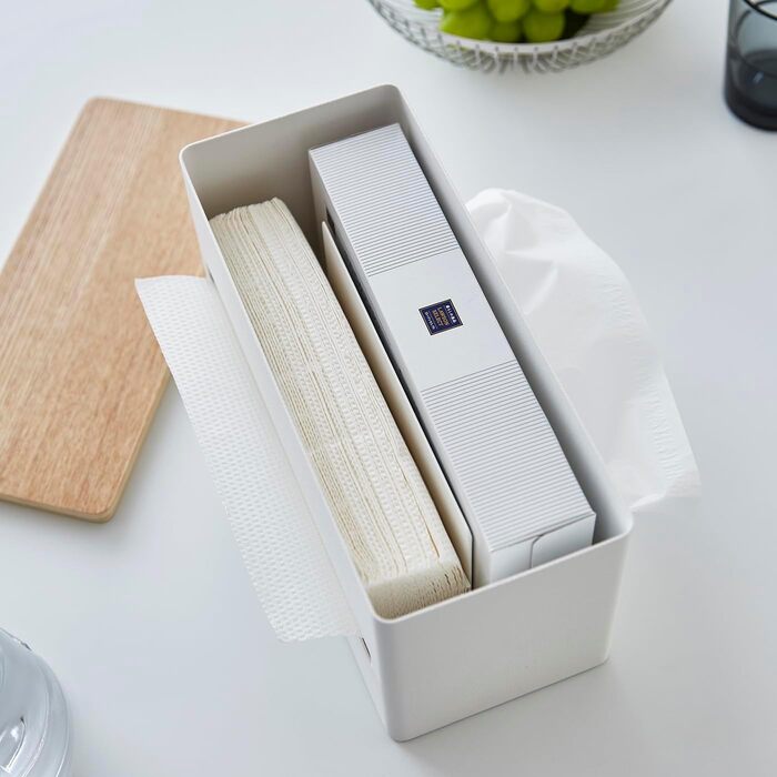 Yamazaki 4766 RIN Double-Sided Tissue Box, white, steel/plywood, minimalist, 26 x 11 x 14 cm