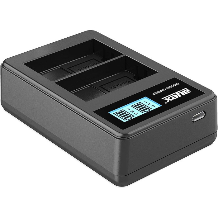Зарядний пристрій Ayex USB сумісний з акумуляторами Nikon EN-EL15 для Z7 II, Z6 II, Z5, D850, D780, D750, D600. Зарядка через USB-C (з ноутбука, powerbank) з LCD-індикатором рівня заряду. Комплект: зарядний пристрій EN-EL15 (подвійний) + акумулятори