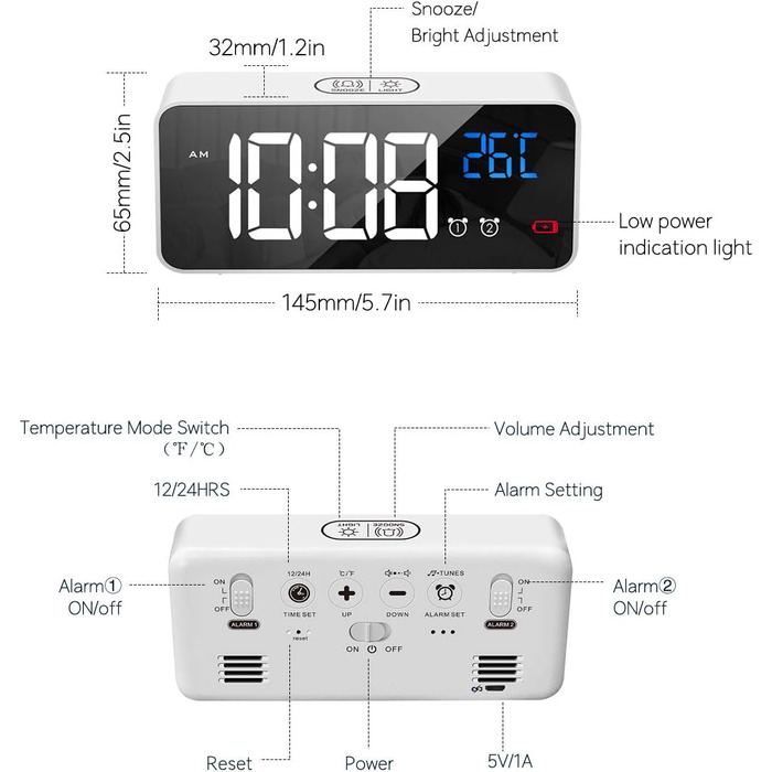 Цифровий годинник MOSUO з LED-дисплеєм, USB-зарядка, показник температури, голосове керування, 2 таймери, функція відкладання, регулювання яскравості та гучності, білий