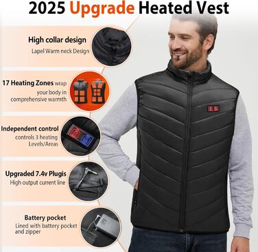 Електрична гріюча жилетка з акумулятором 27000mAh 7.4V, 17 зон нагріву, для чоловіків та жінок, чорна