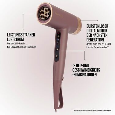 Фен для волосся Remington AIRvive EC8930 з безщітковим цифровим двигуном, іонізацією та анти-фриз технологією, 12 режимів, дифузор та насадка для стайлінгу
