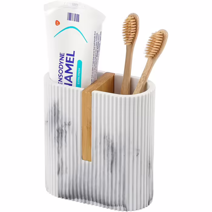 Rejomiik Toothbrush Holder, Electric Toothbrush Holder for Bathroom, Bamboo Toothbrush and Toothpaste Storage Organizer for Sink, Countertop, Marble White