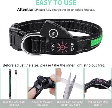 Світловідбиваючий нашийник для собак AUAUY з LED підсвіткою, USB-зарядка, водонепроникний, регульований, безпечний, 6 кольорів (-S), S(11.8-15.7'/30-40 cm) (Зелений)