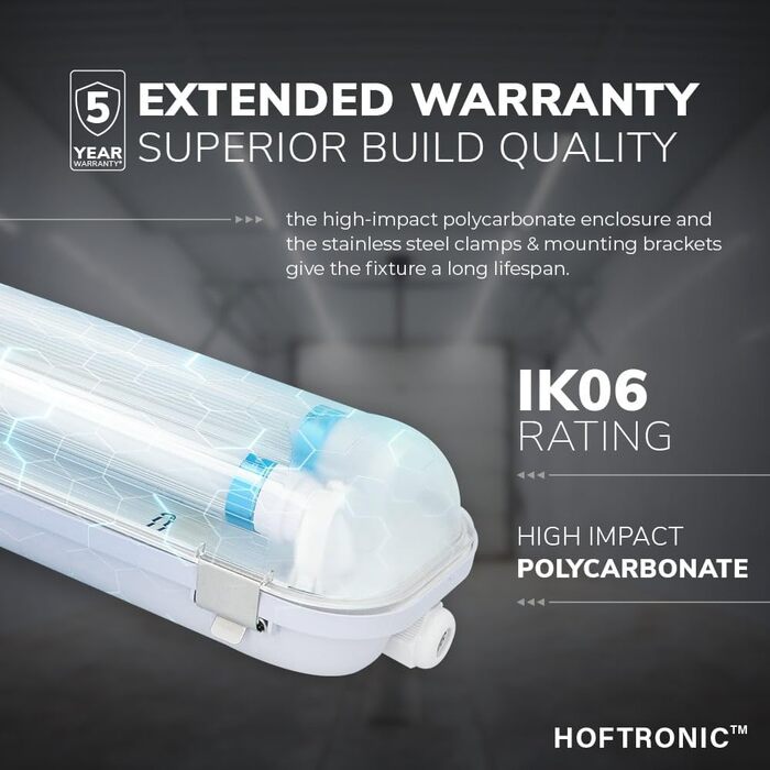 HOFTRONIC LED Damp-Proof Light 150cm Cold White 60W 10500lm Flicker-Free Linkable T8 Workshop Lamp IP65 Waterproof Basin Light Double for Garage, Cellar, Office (140lm/W, 3000K)