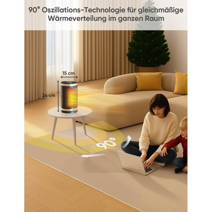 Електричний обігрівач NEU 1500W з керамічним нагрівачем, термостатом, захистом від перегріву, нахилу та для дітей, таймером 12 год, з пультом керування, золотий, Classic
