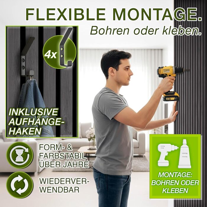 Акустичні панелі TRESKO з дерева 120×60x2,1 см, 2 шт. — 3D стінові ламелі для шумоізоляції, колір Дуб Антрацит, з набором для монтажу та 4 вішаками