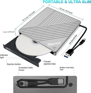 Зовнішній CD/DVD привід USB 3.0 Type-C з картридером SD/TF, портативний RW-записувач для ноутбука, ПК, MacBook (Windows, macOS, Linux), сірий